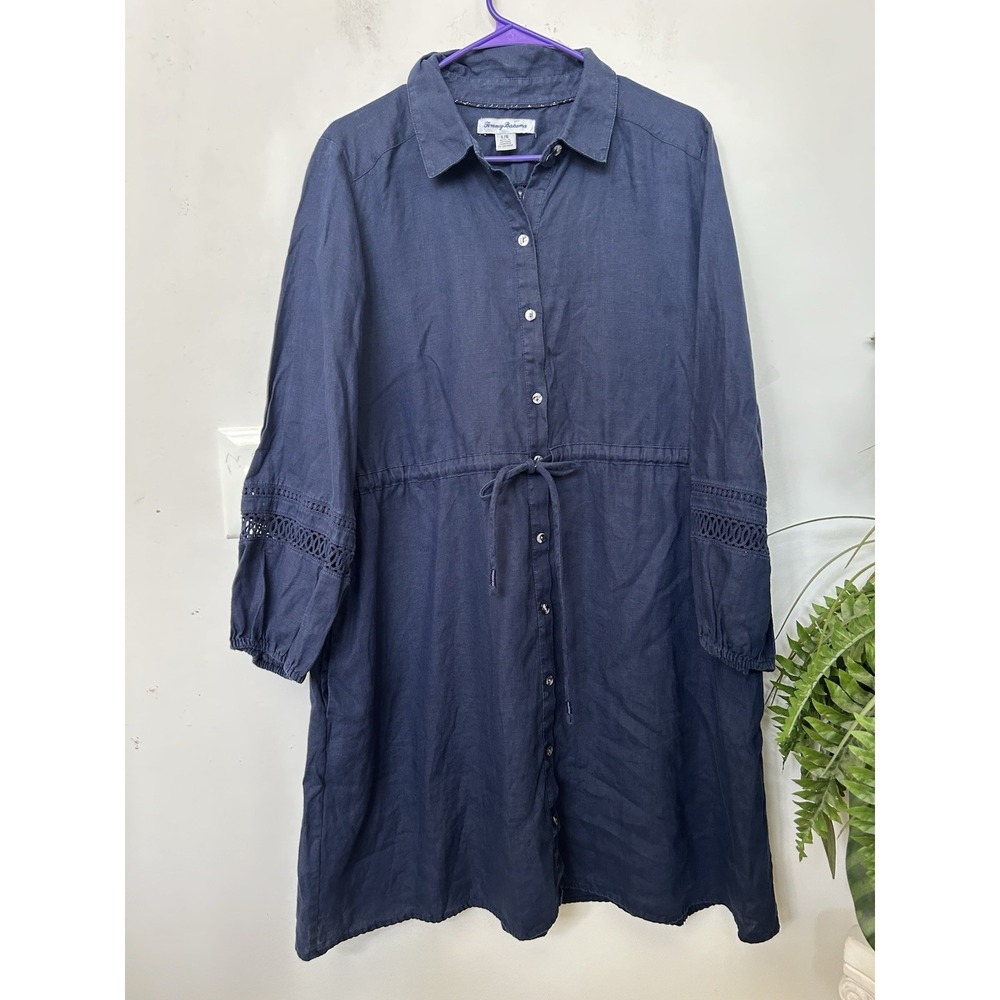 Tommy Bahama Coastalina Linen Shirt Dress L Navy Boho Resort Casual Lagenlook - Picture 2 of 6